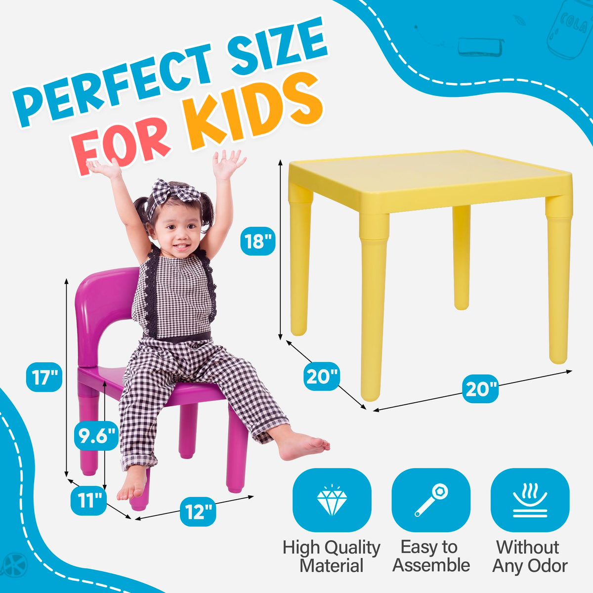 Zeny Kids Plastic Table And 4 Chairs Set, Multicolor Play Room Furniture For Reading, Train, Art, Crafts
