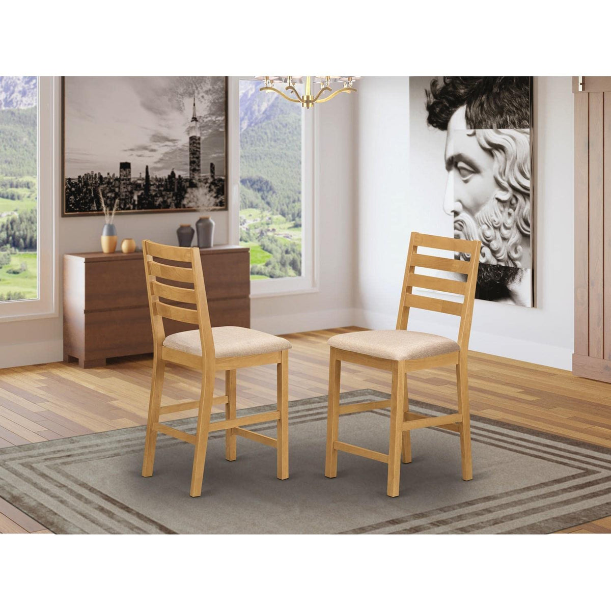 East West Furniture CFS-OAK-C Café Counter Height Barstools - Linen Fabric Upholstered Wooden Chairs, Set of 2, Oak