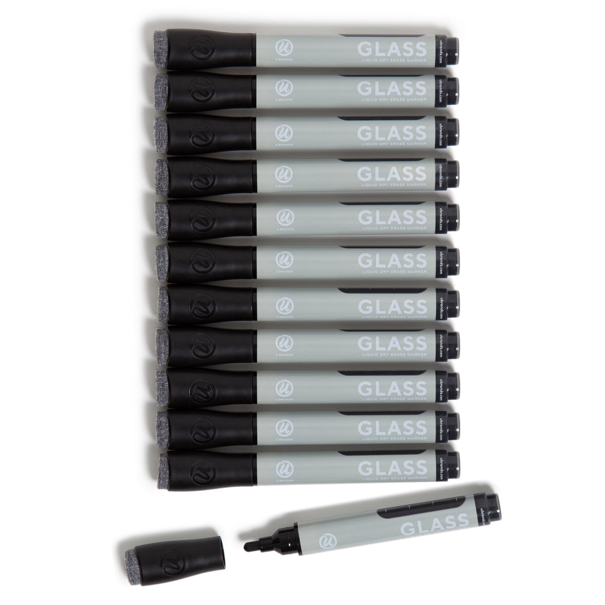 U Brands Liquid Glass Board Dry Erase Markers With Erasers, Set Of 12, Black, Low-Odor, Bullet (3 Mm) Point