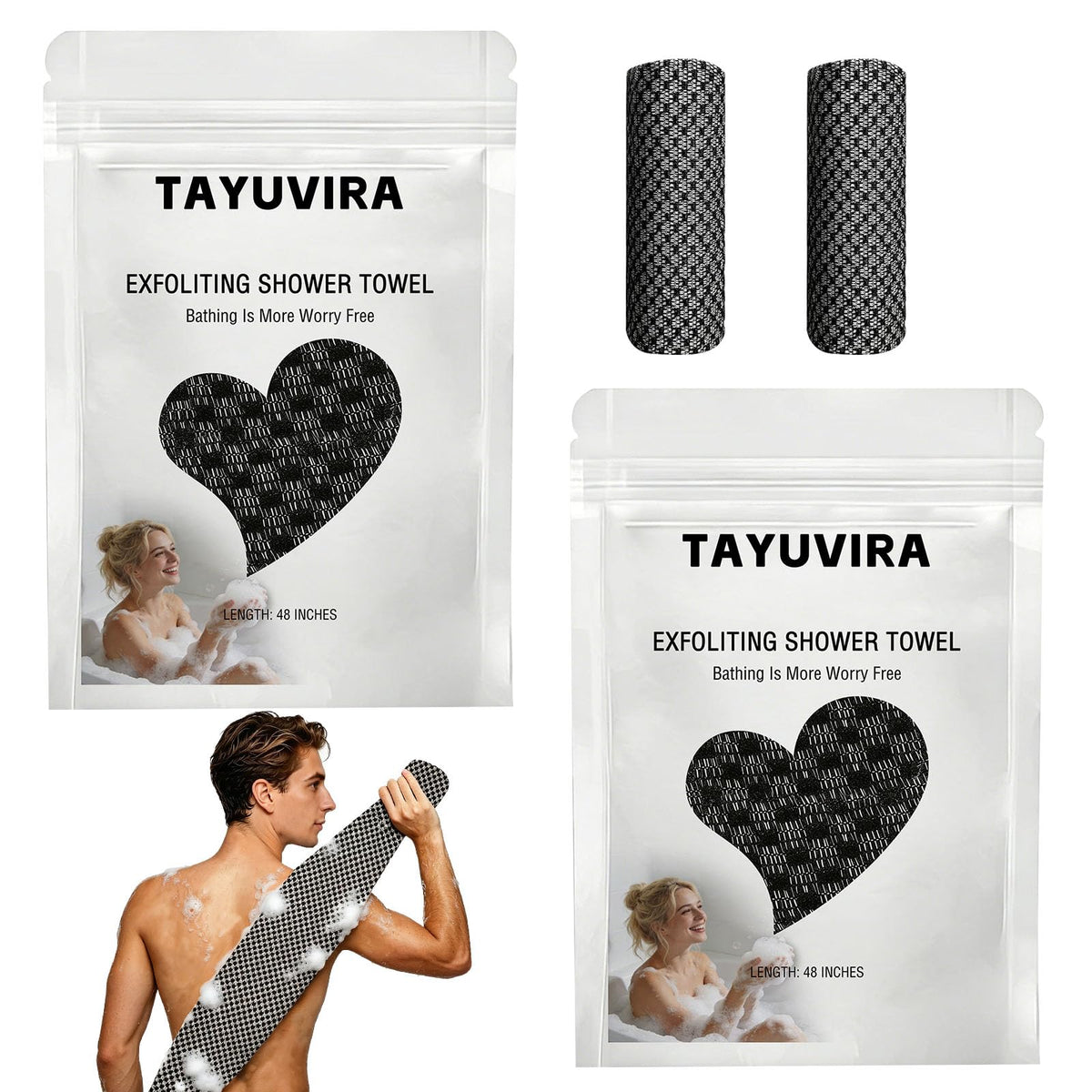 Tayuvira Exfoliating Shower Towel, 2in1 Exfoliating Towel Deep,Black 2Pcs