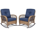 Vivijason 2 Piece Patio Wicker Rattan Rocker Chair, Outdoor Rattan Rocker Chair With Cushions & Steel Frame, All-Weather Rocking Lawn Wicker Furniture For Garden Backyard Porch (Navy Blue)