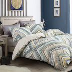 Sleepbella Comforter Twin Size, 600 Thread Count Cotton Yellow & Dark Blue Bohemian Pattern Printed On White Reversible Comforte
