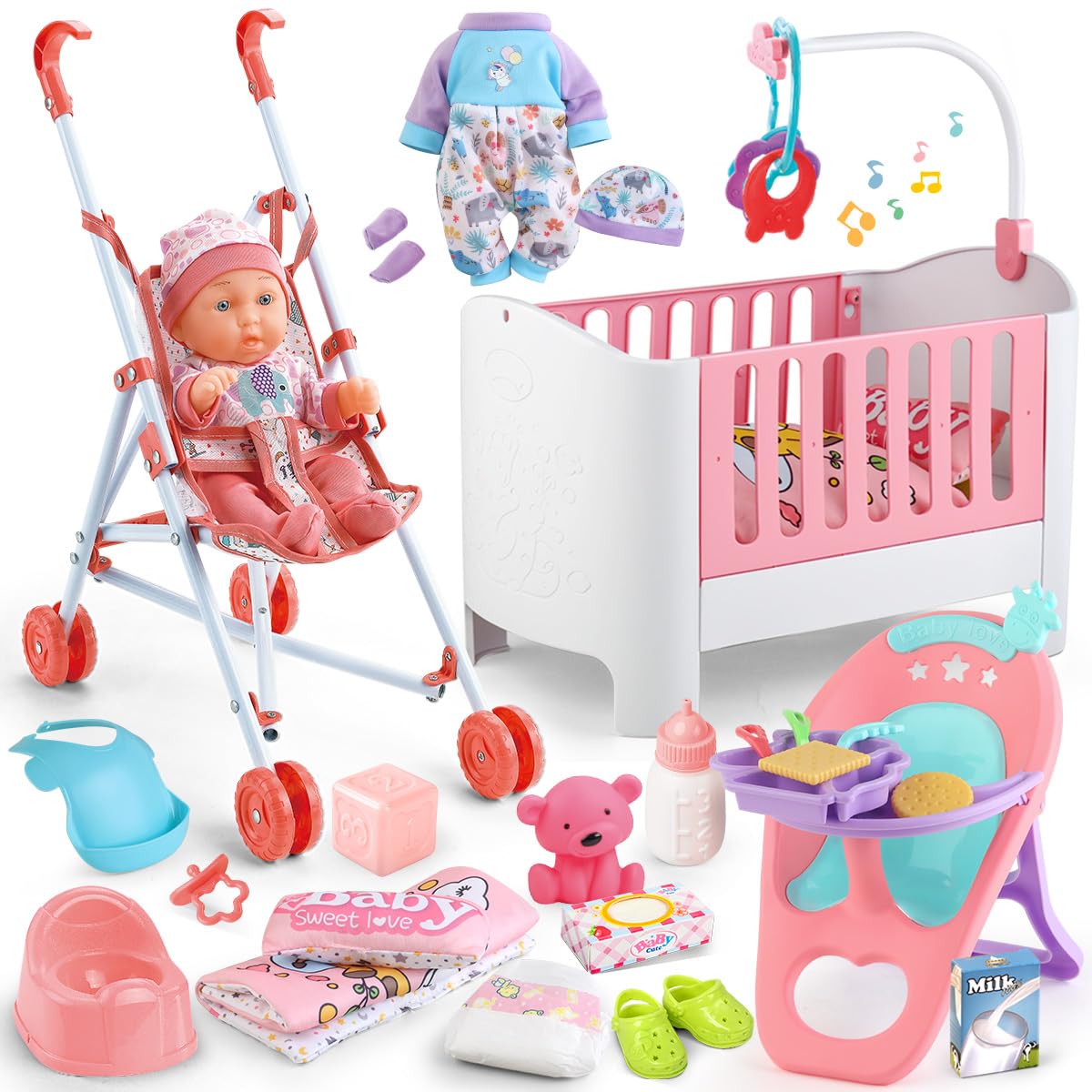 Baby Doll Crib and Stroller Accessories Play Set with 11 Baby Doll,Dining Chair,24 PCS Dolls Accessories and 2 Sets Clothes,Real