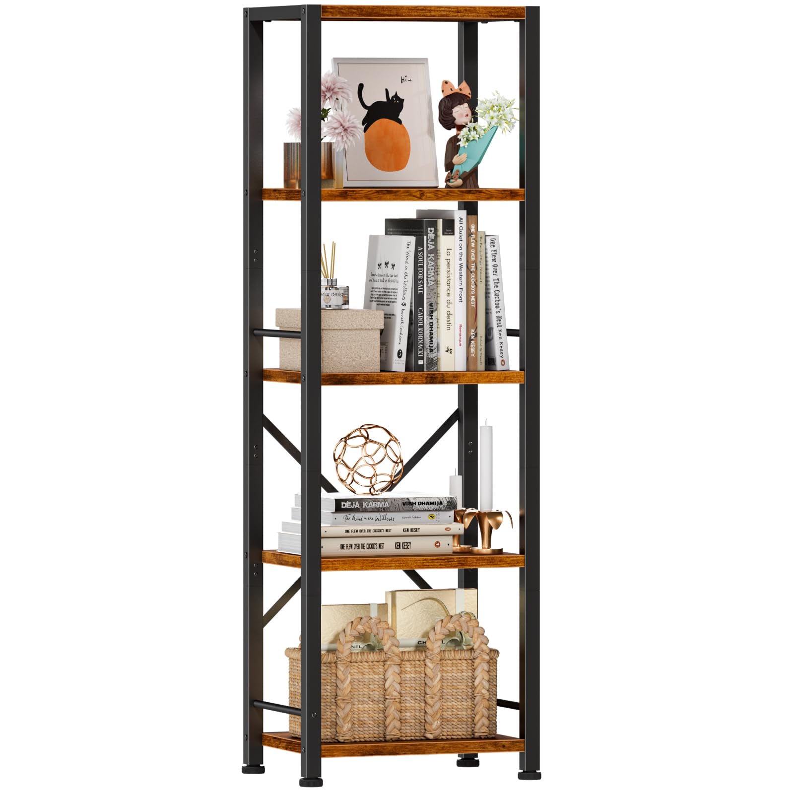 Furologee 5 Tier Tall Bookshelf, Rustic Narrow Bookcase, Display Standing Shelf Units, Metal and Wood Storage Shelves Organizer 