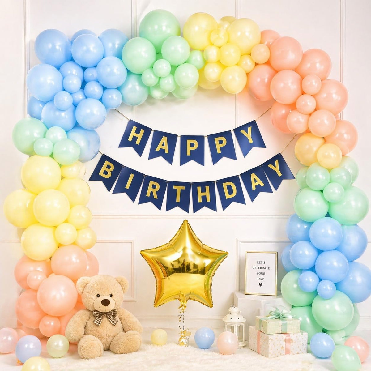 Blue Gold Birthday Pastel Star Banner Kit with Natural Latex Biodegradable Balloons, Reusable Gold Star Foil Balloon, HB Paper B