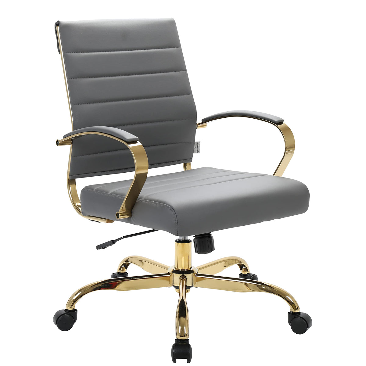 LeisureMod Benmar Grey Leather Office Desk Chair, Mid-Back Ergonomic Swivel Chair with Lumbar Support, Adjustable Height, Tilt L