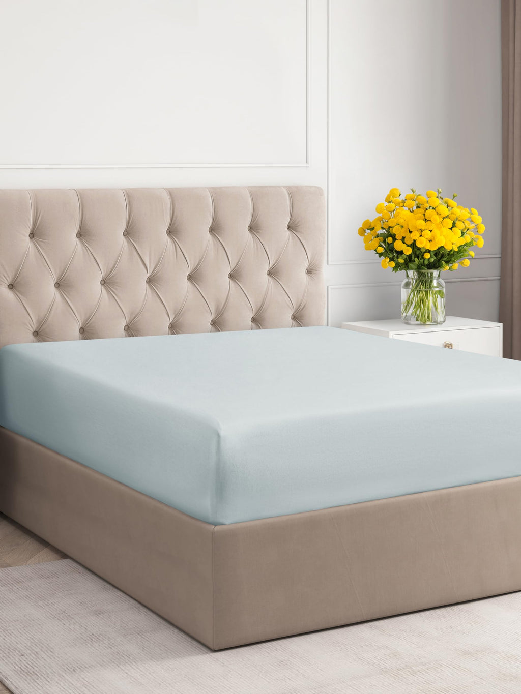 King Size Fitted Bed Sheet - Hotel Luxury Single Fitted Bottom Sheet Only - Fits Mattress Between 8 To 16 Inches - Deep Pockets, Extra Soft And Wrinkle Free - Easy-Fit, Breathable & Cooling - Ice Blue