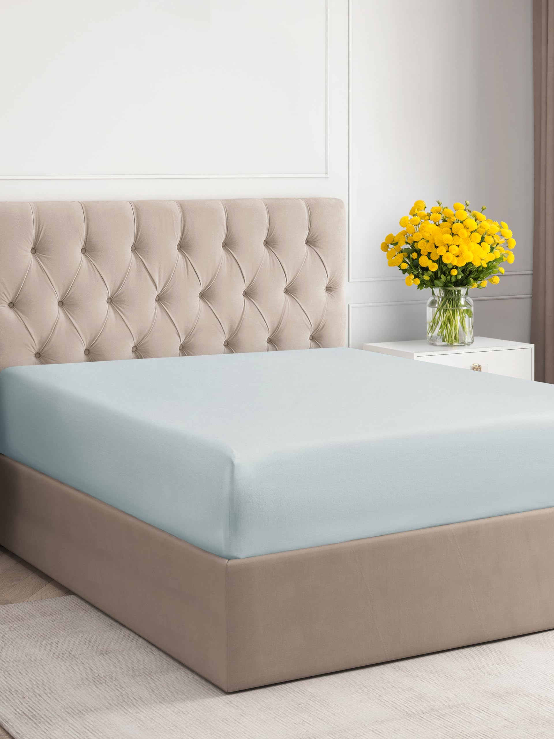 King Size Fitted Bed Sheet - Hotel Luxury Single Fitted Bottom Sheet Only - Fits Mattress Between 8 To 16 Inches - Deep Pockets, Extra Soft And Wrinkle Free - Easy-Fit, Breathable & Cooling - Ice Blue