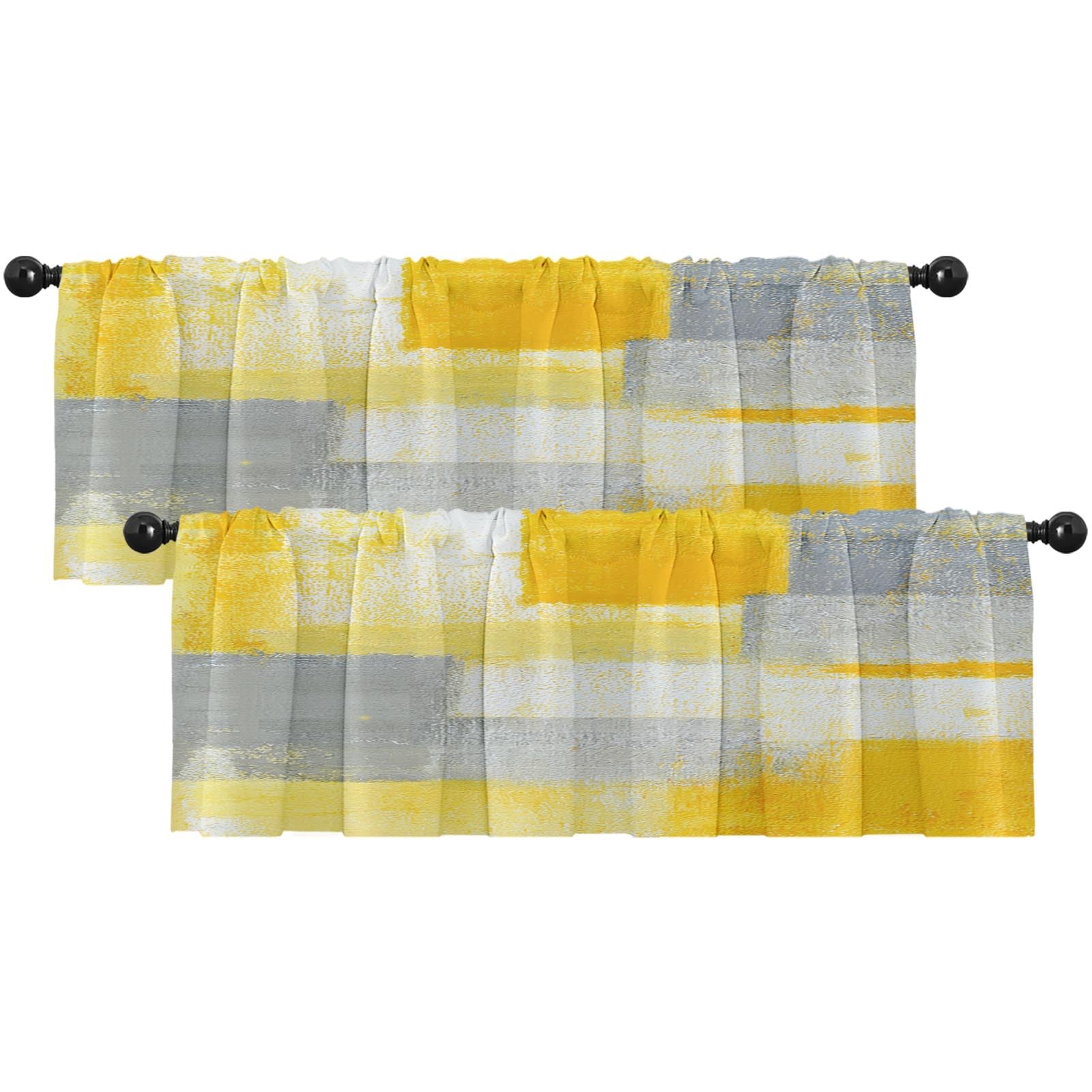 Emvency 2 Pack Valances Window Treatments, Yellow And Grey Abstract Modern Art Blackout Drapes Adjustable Curtain Valances For W