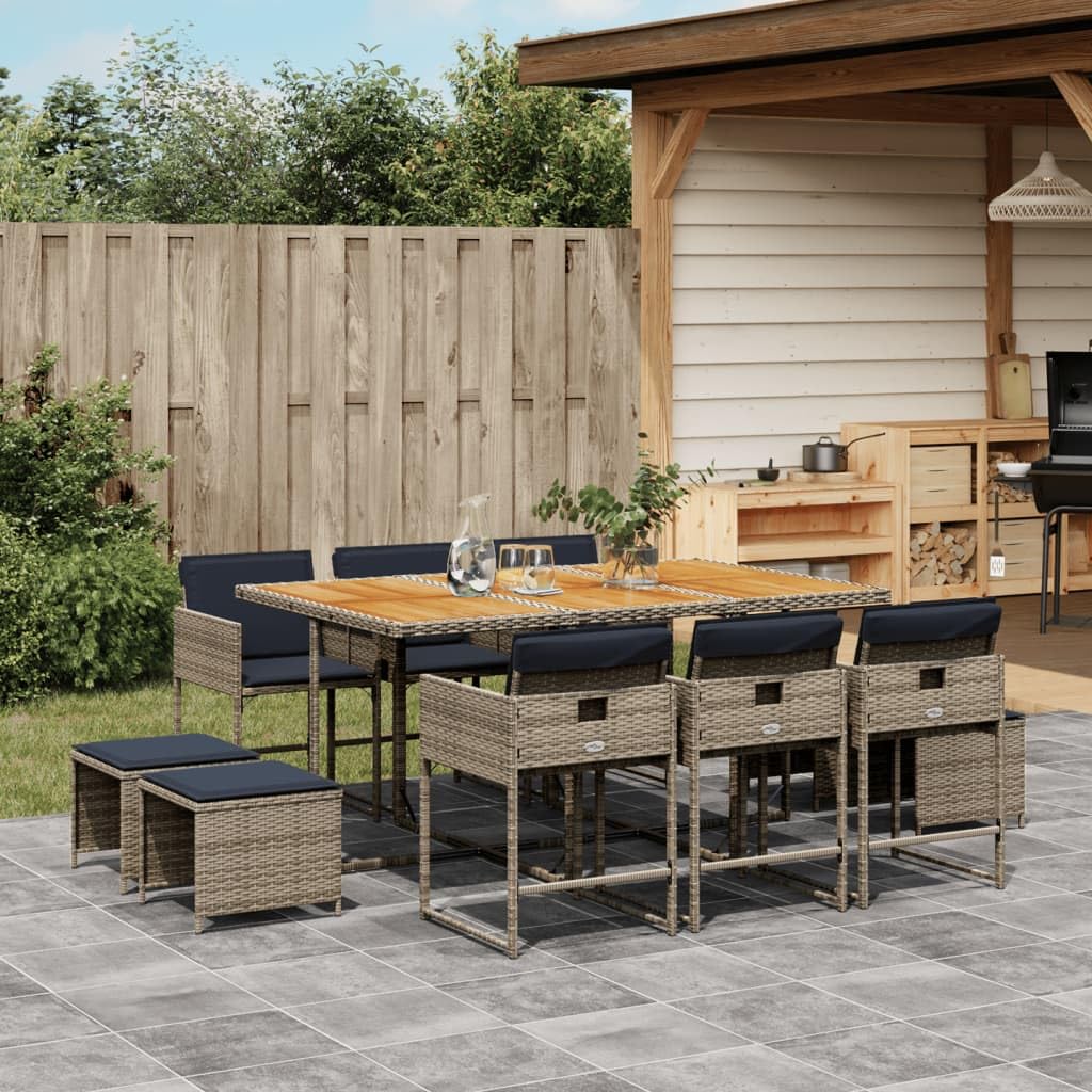 vidaXL 11-Piece Patio Dining Set - Poly Rattan Outdoor Furniture with Acacia Wood Table Top - Includes Cushions - Foldable, Space-Saving Design for Garden/Patio/Backyard