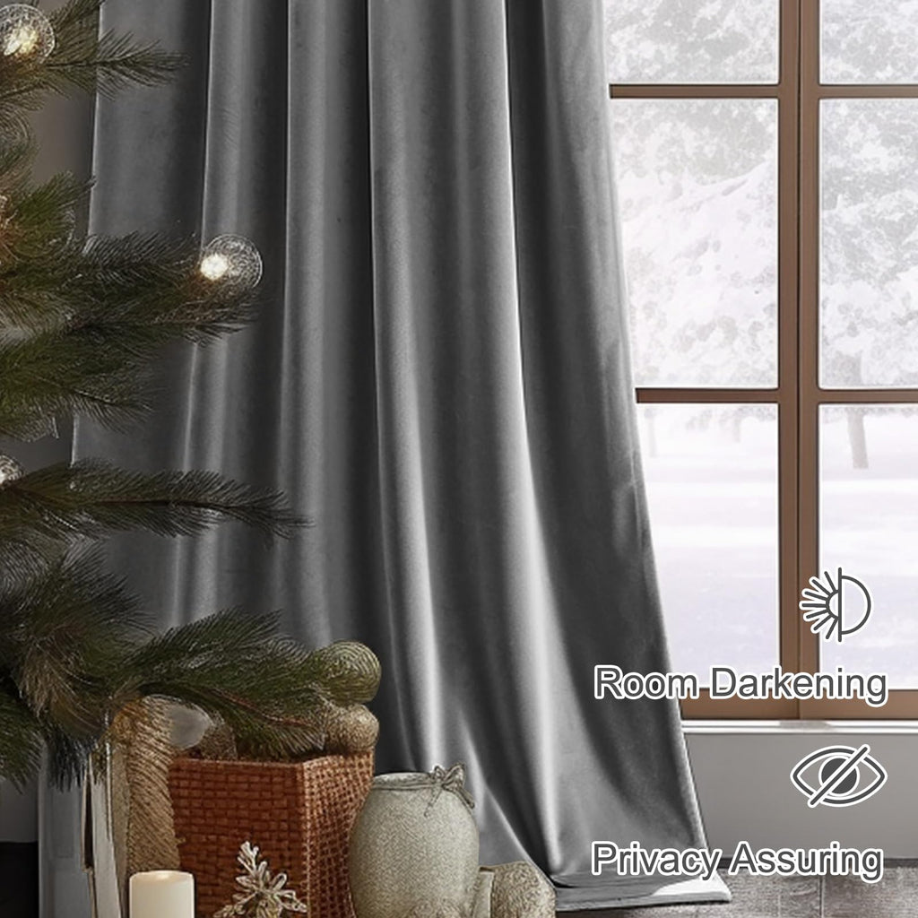 Lazzzy Velvet Grey Blackout Curtains 96 Inches Long Thermal Insulated Drapes For Bedroom Living Room Darkening Window Treatments Rod Pocket 2 Panels, W62 X L96