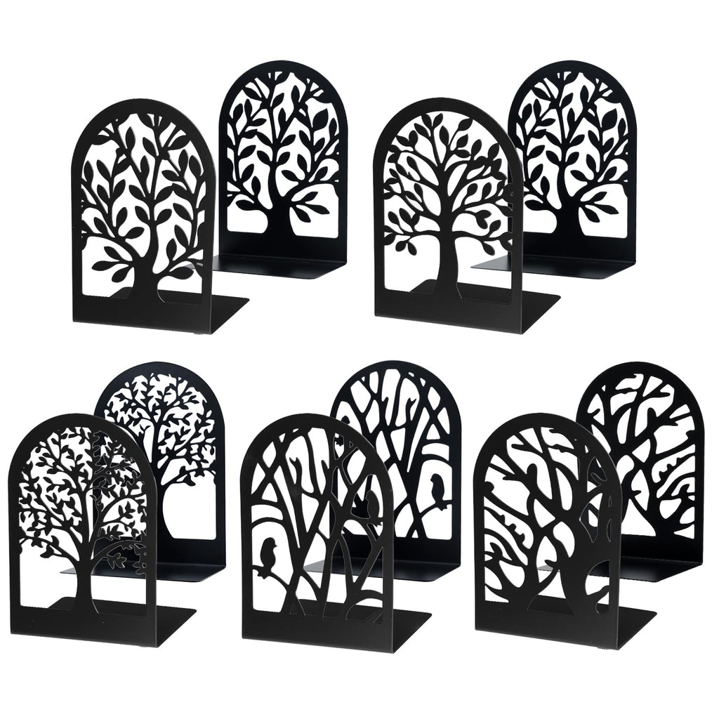 Eoout Bookends For Shelves Decorative, 5 Pairs Of Tree Bookends Supports, Black Metal Book Stoppers For Heavy Books, Heavy Duty