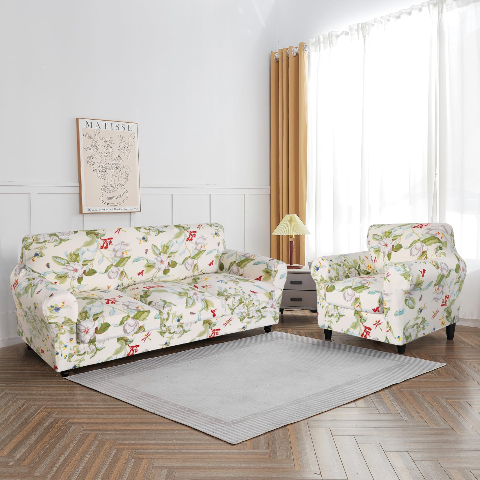 Searchi Stretch Sofa Cover Printed Couch Cover, Floral Pattern 3 Pieces Loveseat Slipcover With 2 Separate Cushion Cover, Washable Furniture Protector For Living Room(Loveseat, Spring Pattern)