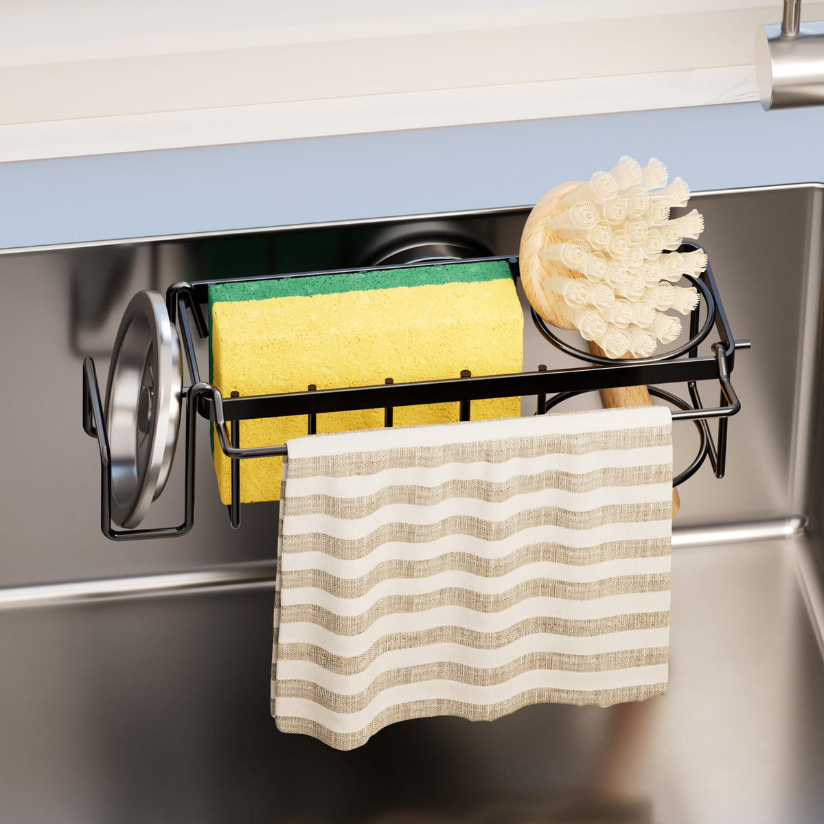 TAILI 4in1 Sink Sponge Holder for Kitchen with Strong Suction CupBlack