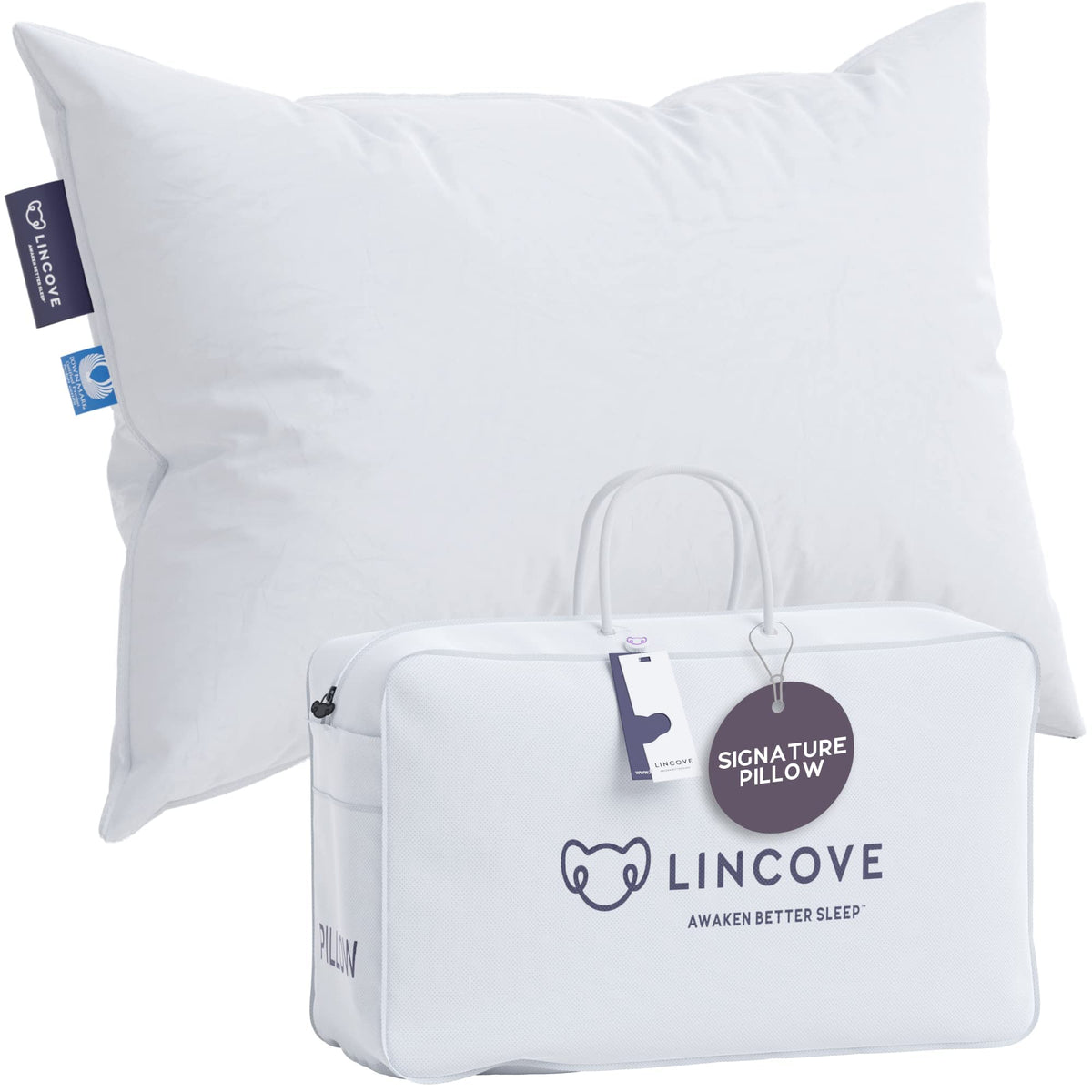 Lincove Signature 100% Natural Canadian White Down Luxury Sleeping Pillow - 800 Fill Power, 500 Thread Count Cotton Shell, Made