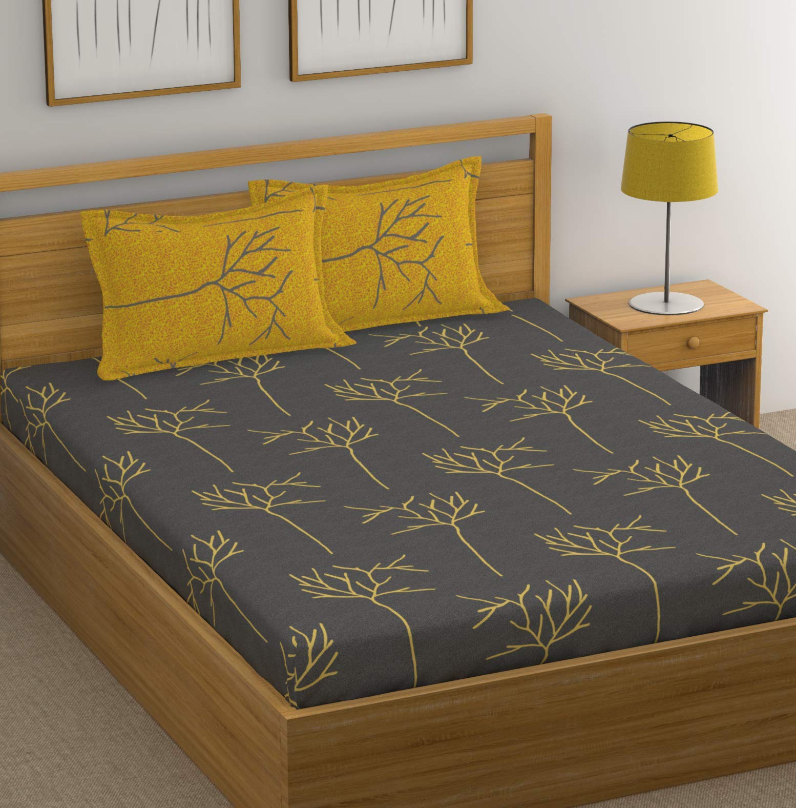Huesland By Ahmedabad Cotton 144 Tc Cotton Bedsheet For Double Bed With 2 Pillow Covers  Grey And Yellow