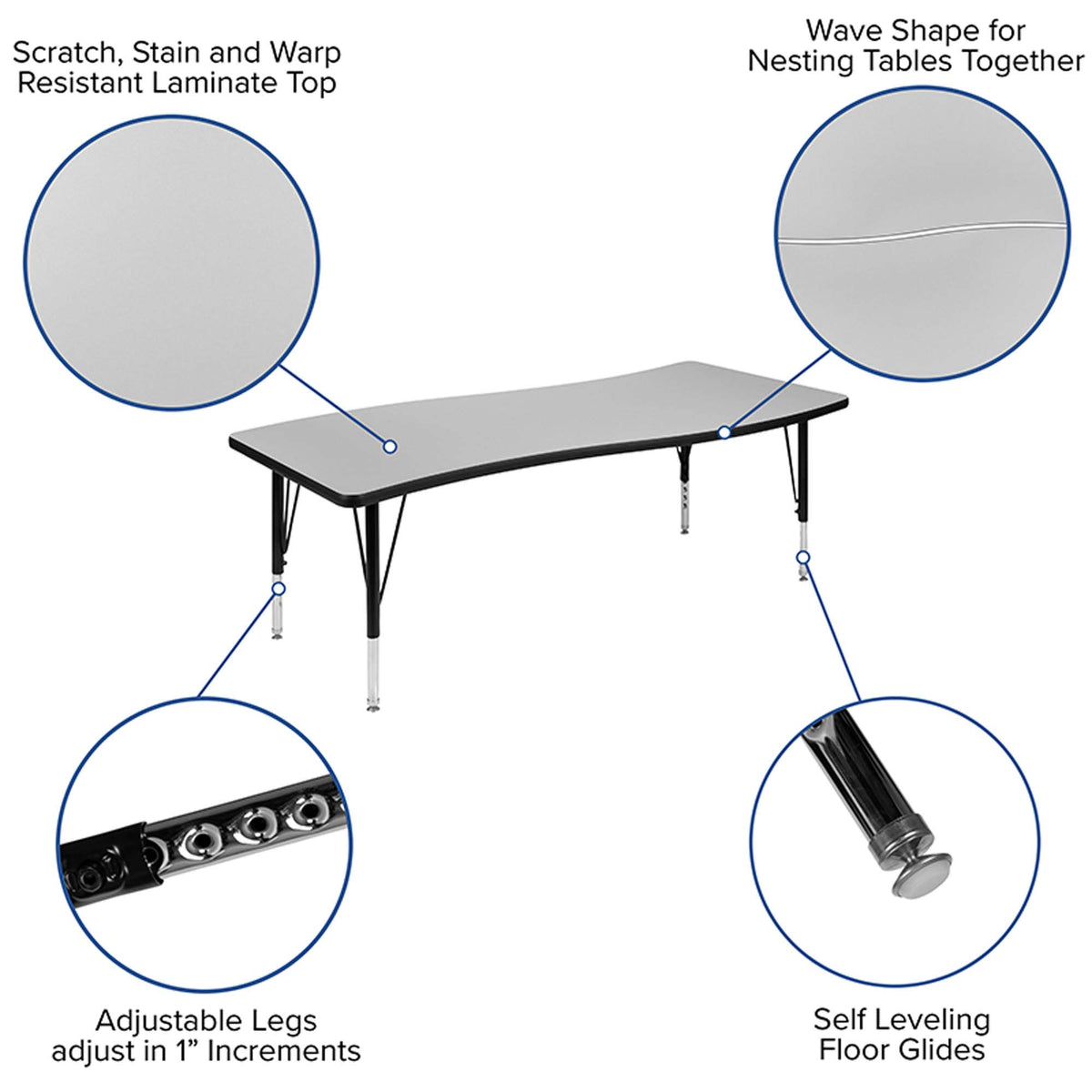 Flash Furniture Emmy 2 Piece 86" Oval Wave Flexible Grey Thermal Laminate Activity Table Set - Height Adjustable Short Legs