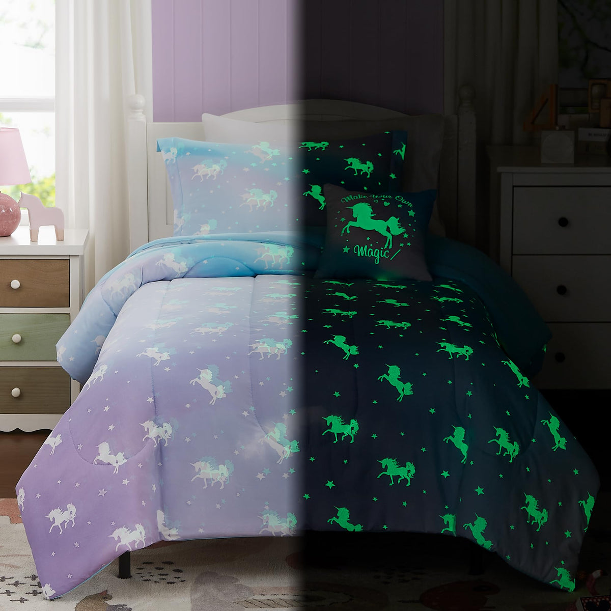 Kaleido Space Kaleidospace Kids Full Comforter Sets For Girls, Glow In The Dark Unicorn Full Size Bedding Sets -4 Pieces Lightwe