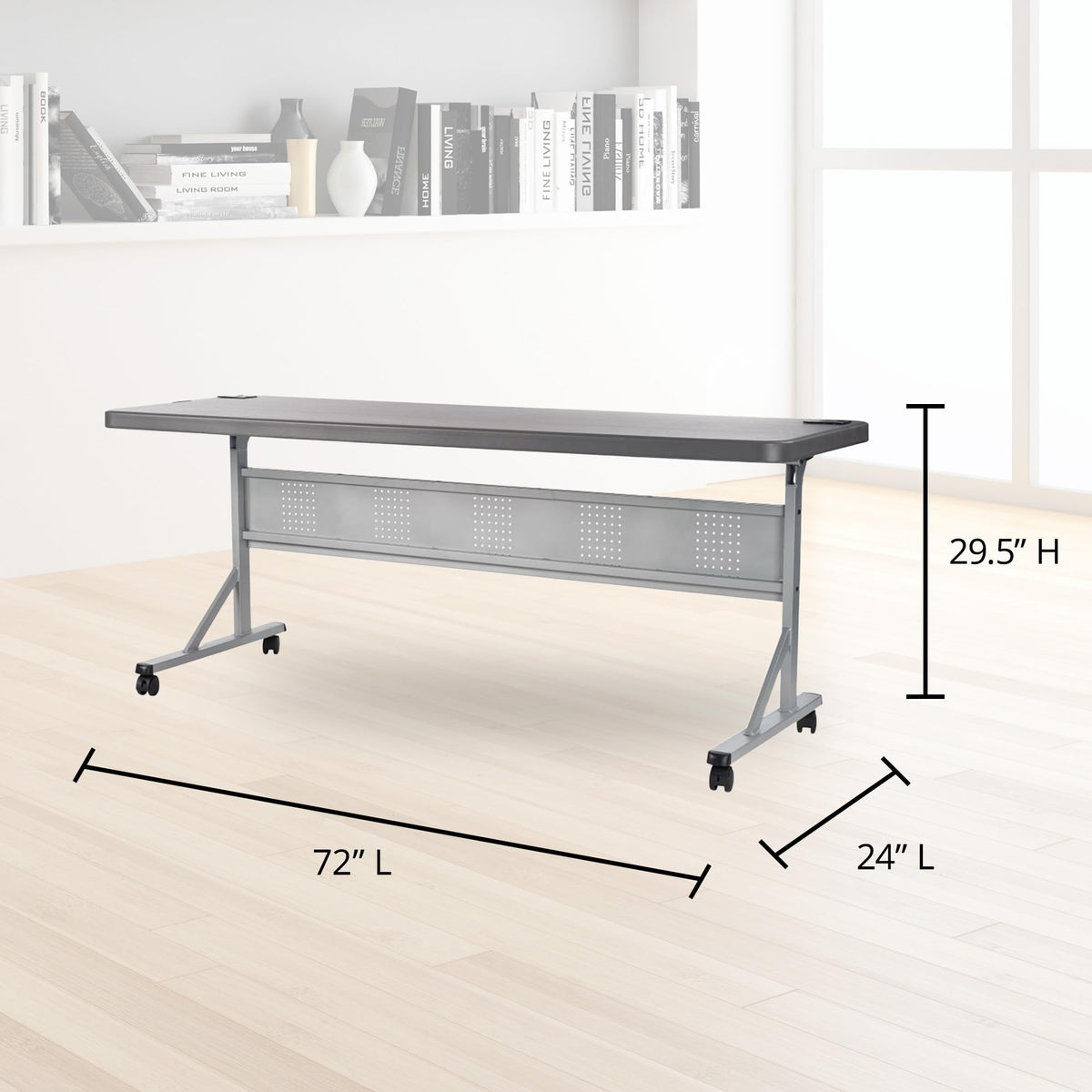 National Public Seating 24" x 72" Flip-N-Store Portable Lightweight Rolling Conference Training Table with 2 Grommet Holes - Charcoal Slate
