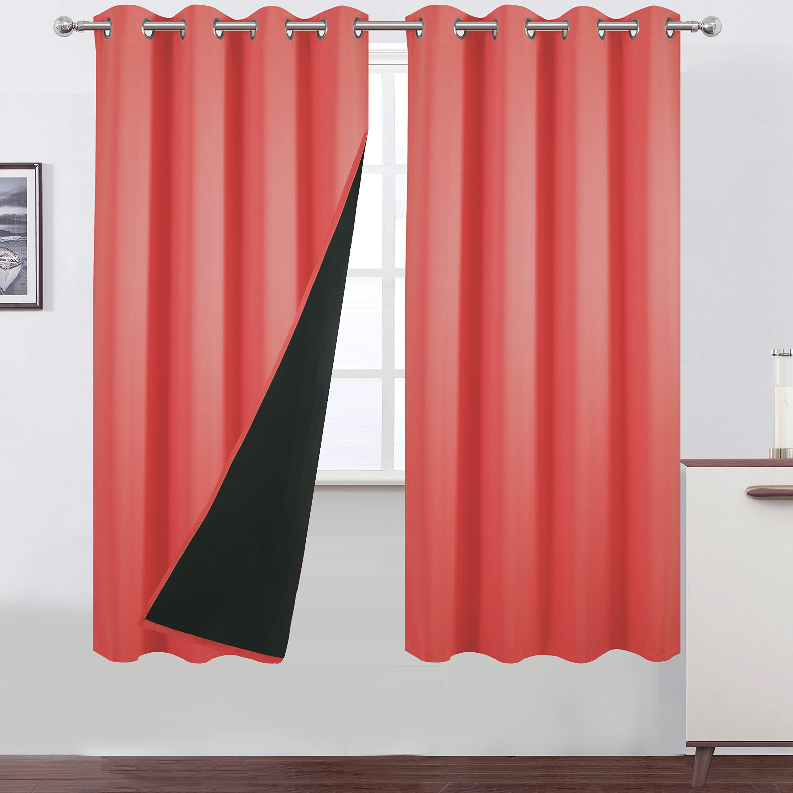 LEMOMO 100% Blackout Curtains 52 x 63 Inch/Coral Curtains 2 Panels with Black Lining Room Darkening Thermal Insulated Bedroom Cu