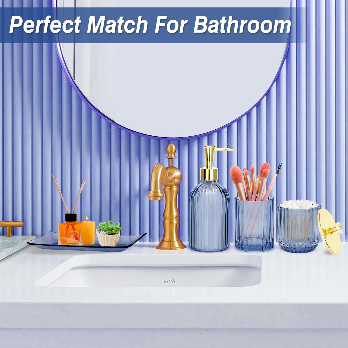 Jenseits Blue Bathroom Accessories, 4 Pcs Glass Bathroom Set Complete Includes Soap Dispenser, Toothbrush Holder, Apothecary Jar
