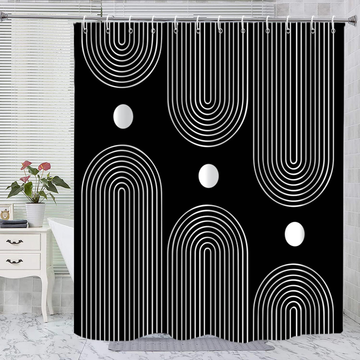 Gkleasg Black And White Shower Curtain, Boho Minimalist Mid Century Modern Arch Geometric Machine Washable Waterproof Fabric For