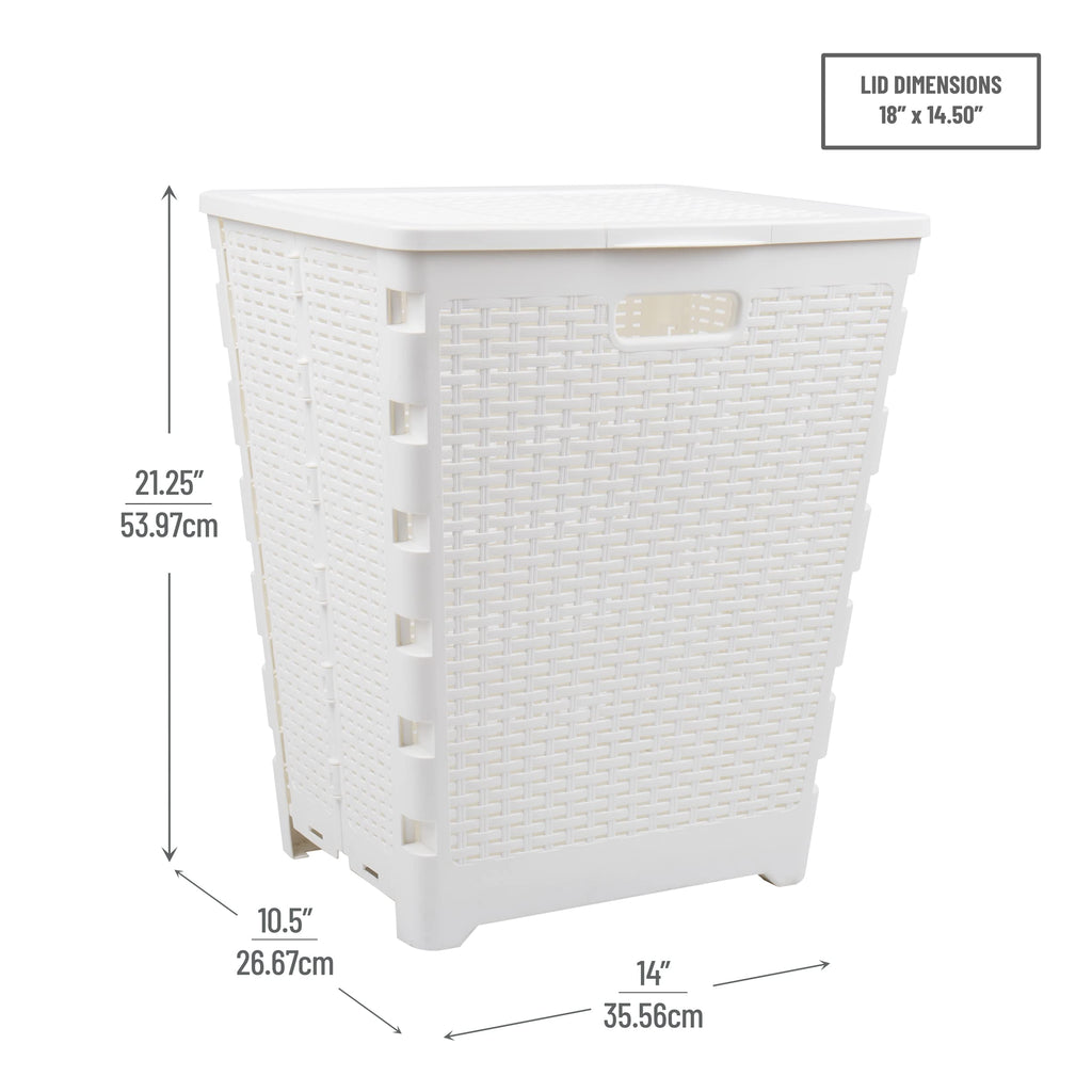 Mind Reader 61L Foldable Laundry Hamper, Clothes Basket, Lid, Wicker Design, Plastic, 18''L X 14.5''W X 21.25''H, White