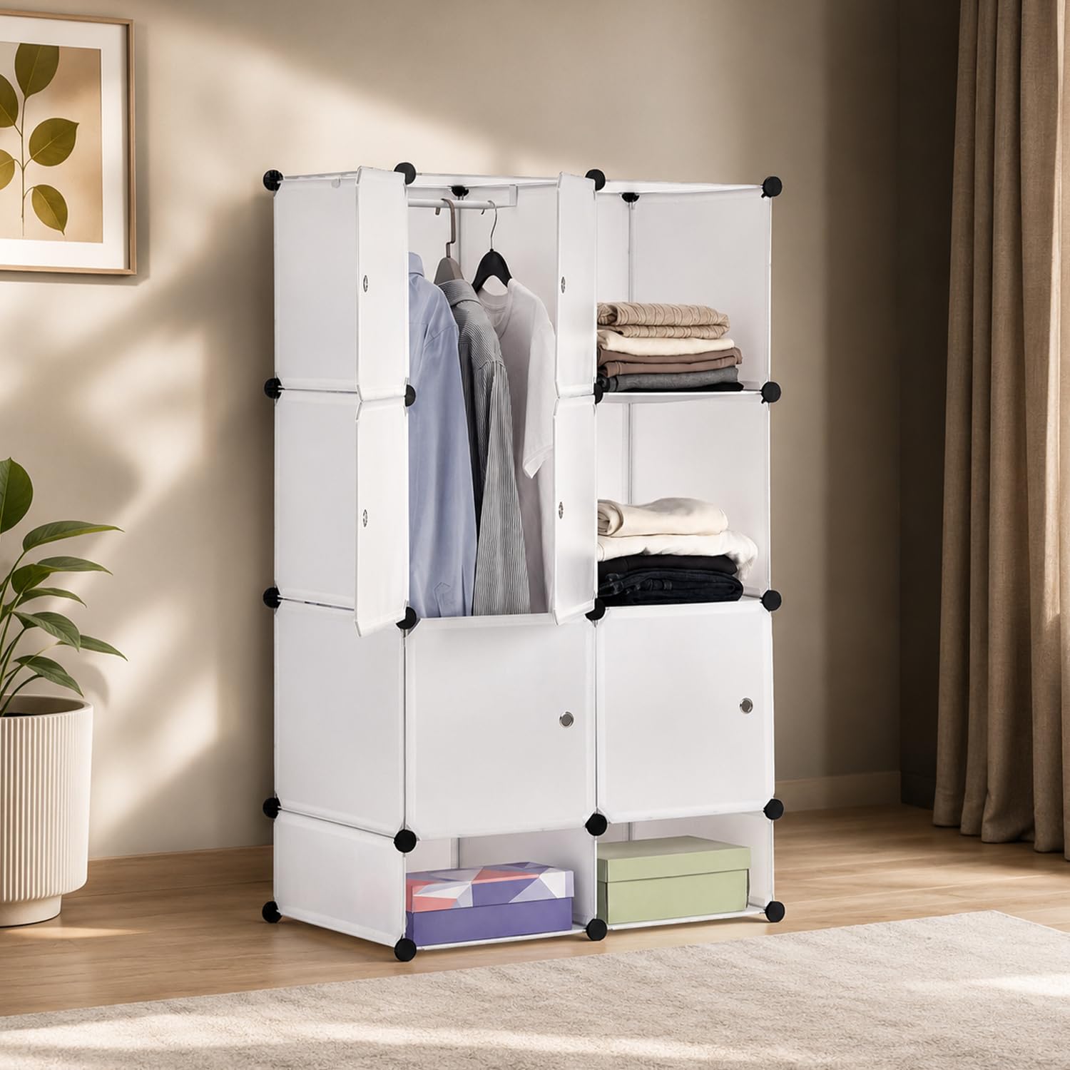 Amazon Basics Plastic Modular Wardrobe Storage Cabinet For Home | 8 Cube Organizer With Hanging Space | Diy Foldable Closet For 