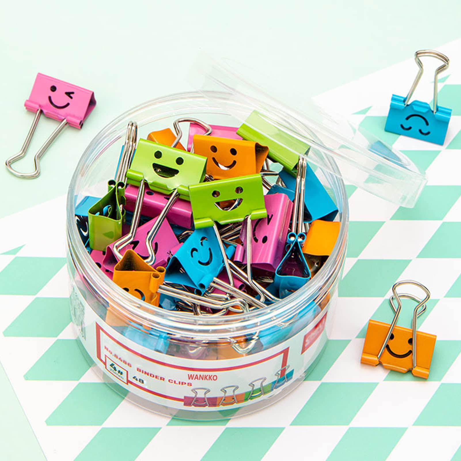 Wankko 48 Pack Medium Paper Clips (1 Inch/25Mm), Smiling Face Binder Clips, Assorted Colors