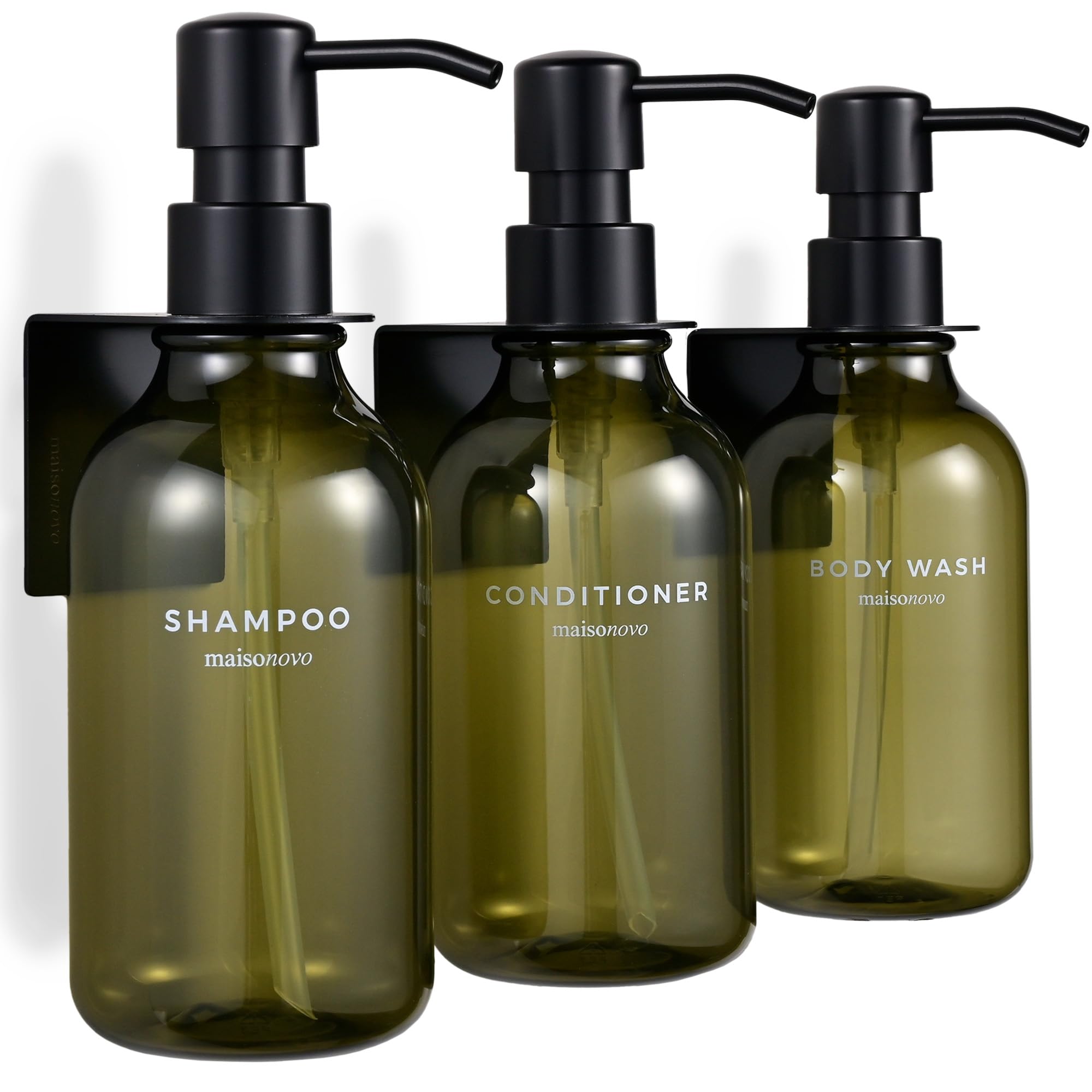 MaisoNovo Shampoo and Conditioner Dispenser - Shower Soap Dispenser Wall Mounted - 16.9 fl oz Set of 3 Green Plastic Bottles Bla