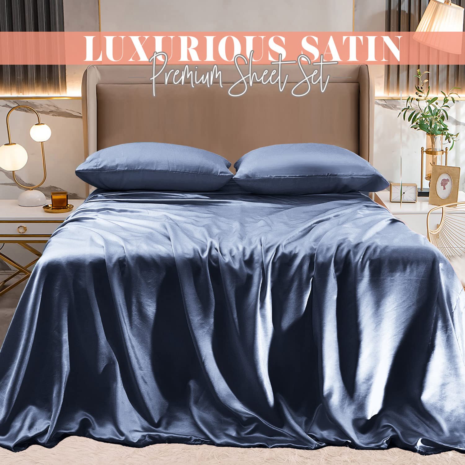Elegant Comfort Luxurious 4-Piece Silky Satin Sheet Set, Skin And Hair Friendly, Wrinkle, Fade, Stain Resistant With Deep Pockets Fitted Sheet, Cooling Soft Satin Sheet Set, King, Navy Blue