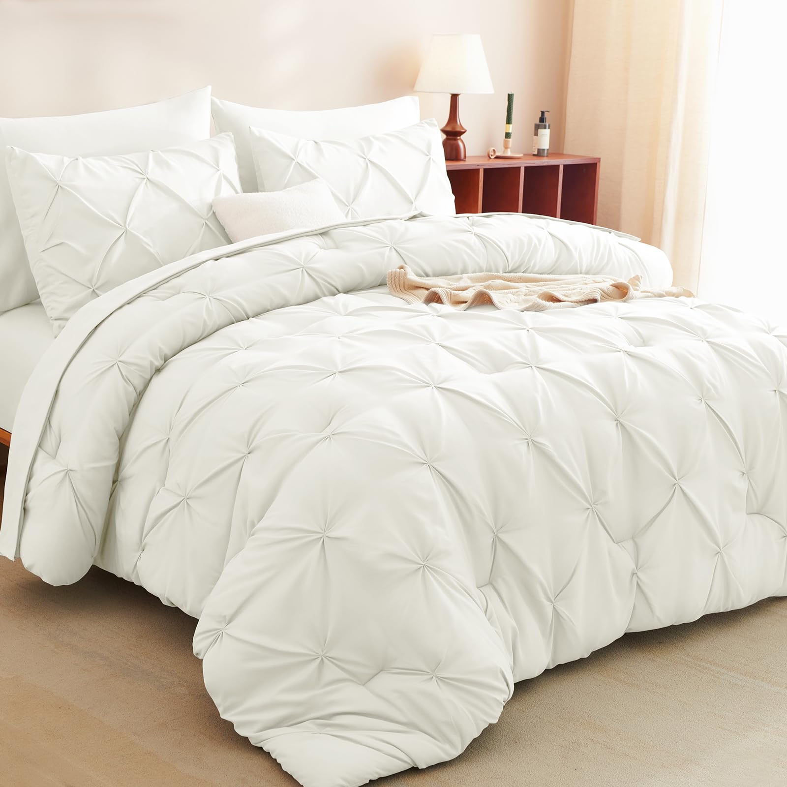 Cozylux Ivory Queen Comforter Set - 7 Pieces Bed In A Bag Ivory, Pintuck Comforters Pinch Pleat Bedding Sets With All Season Com