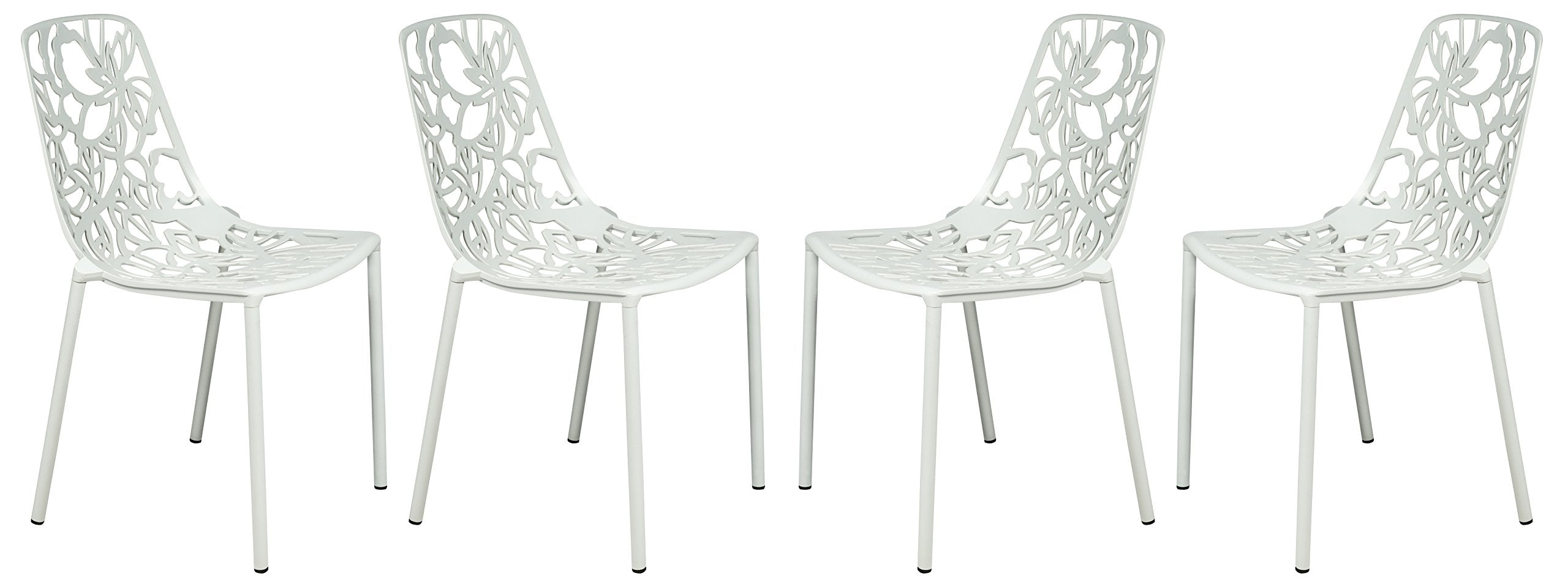 LeisureMod Aluminum Stackable Dining Chair Set of 4 with Floral Cutout Design, White Patio Side Chair for Indoor & Outdoor Use