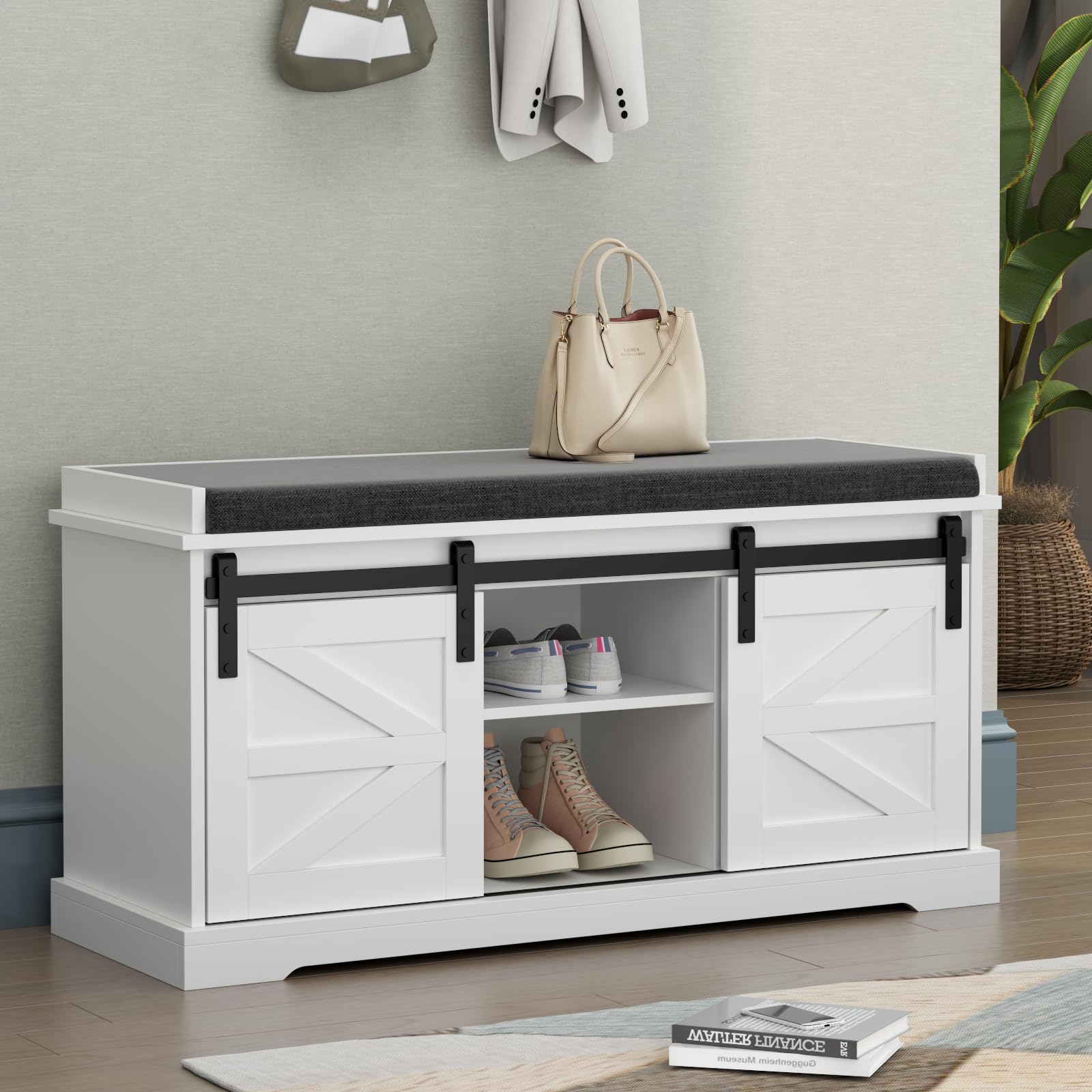 Loomie Shoe Storage Bench, 2-Tier Farmhouse Entryway Bench with Sliding Barn Door Storage Cabinets & Full Soft Removable Seat Cu