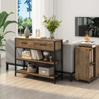Hithos Industrial Console Table With Drawers, Vintage Hallway Foyer Table With Storage Shelves, Narrow Long Sofa Entryway Table For Living Room, Rustic Brown