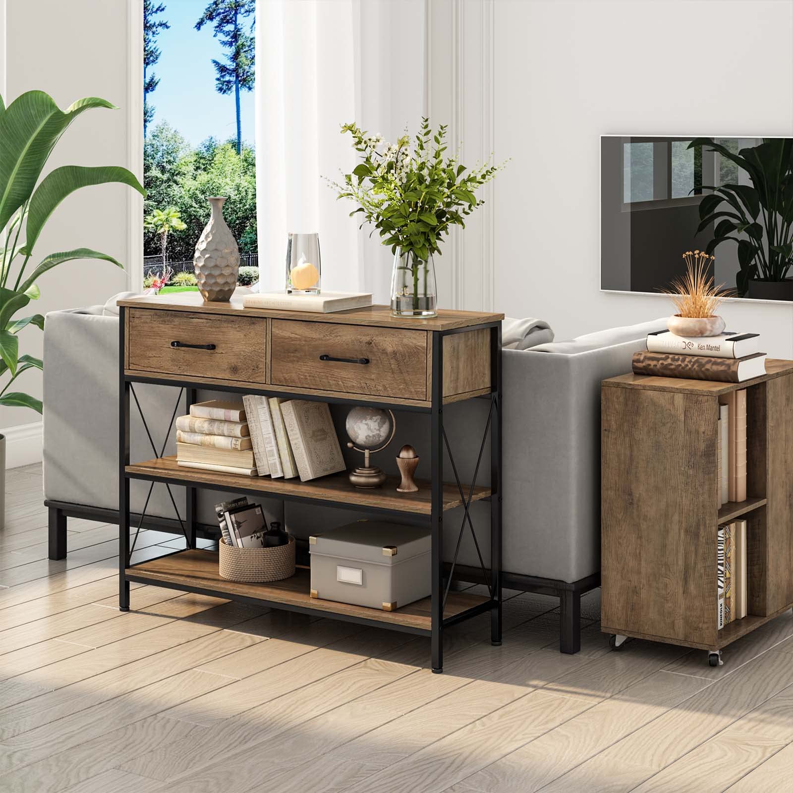 Hithos Industrial Console Table With Drawers, Vintage Hallway Foyer Table With Storage Shelves, Narrow Long Sofa Entryway Table For Living Room, Rustic Brown