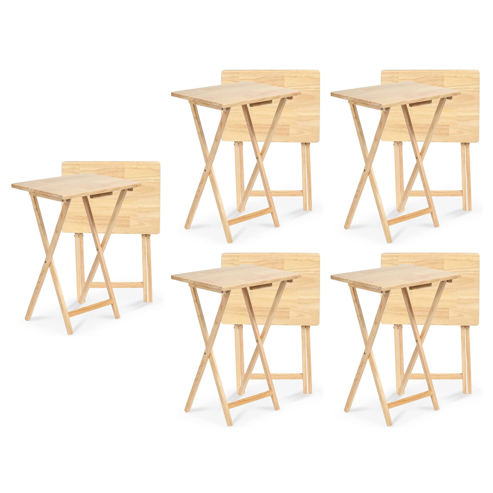 Pj Wood Rectangular Folding Portable Tv Snack Serving Tray Table, Solid Wood Construction With Natural Finish (10-Piece Set)