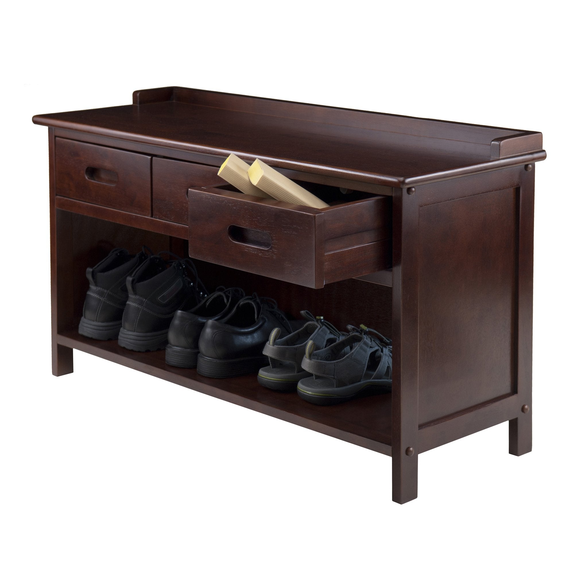 Winsome Adriana Bench, 3-Black Basket, Walnut/Black