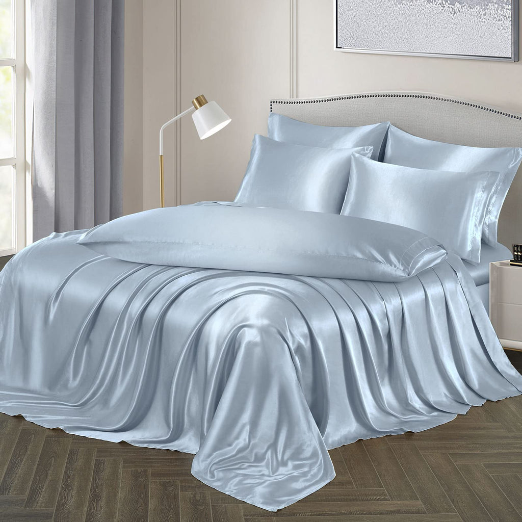 Ersmak 7 Pieces Satin Sheets Set Queen Size, Luxury Silky Light Blue Satin Bed Sheets Set With 1 Deep Pocket Fitted Sheet, 1 Sof