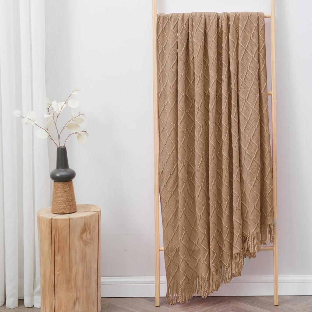 Inhand Knitted Throw Blankets For Couch And Bed, Soft Cozy Knit Blanket With Tassel, Khaki Lightweight Decorative Blankets And T
