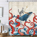 Uokiuki Funny Cat Whale Shower Curtain, Red Kraken Octopus Japanese Ocean Wave with Chinese Auspicious Clouds Shower Curtain wit