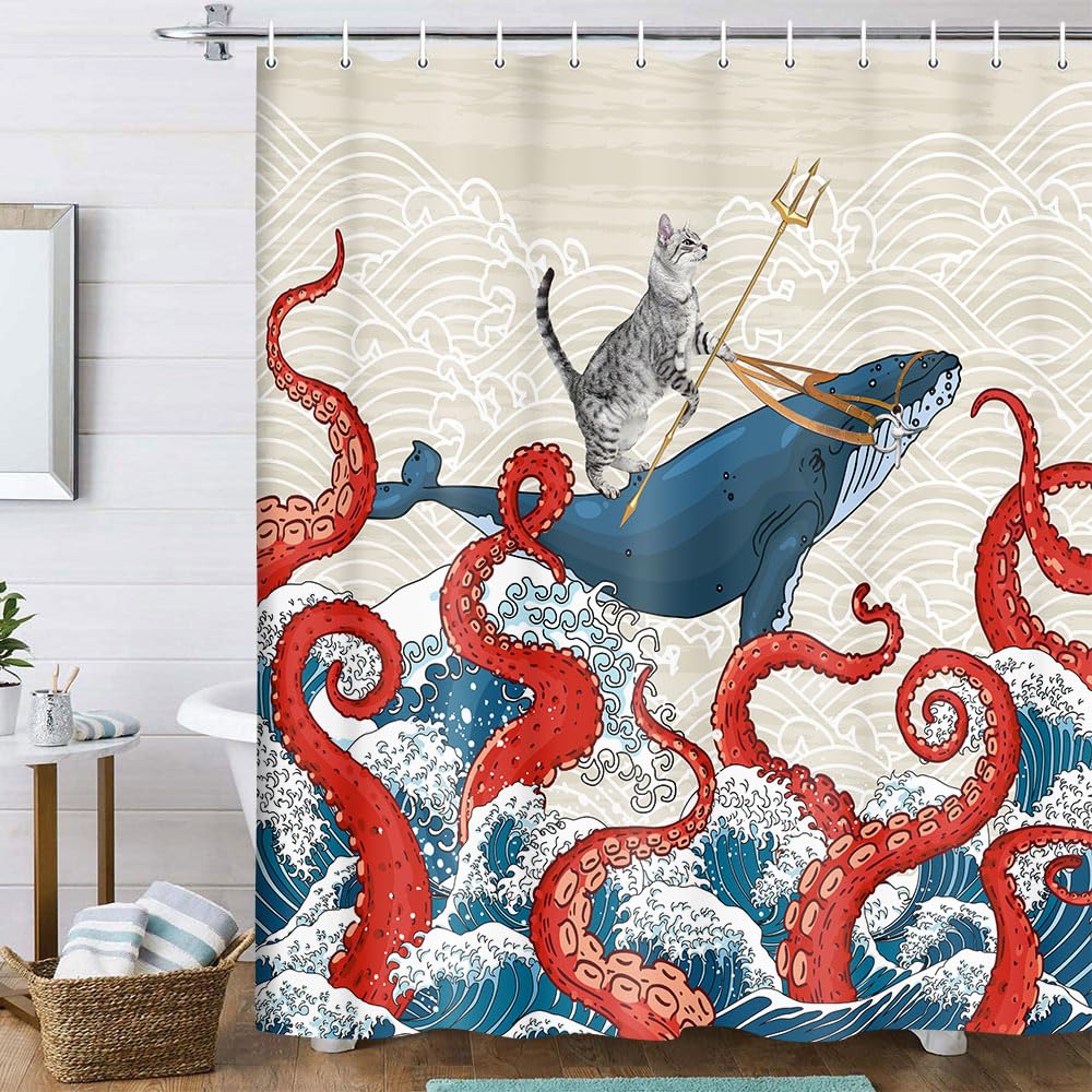Uokiuki Funny Cat Whale Shower Curtain, Red Kraken Octopus Japanese Ocean Wave with Chinese Auspicious Clouds Shower Curtain wit