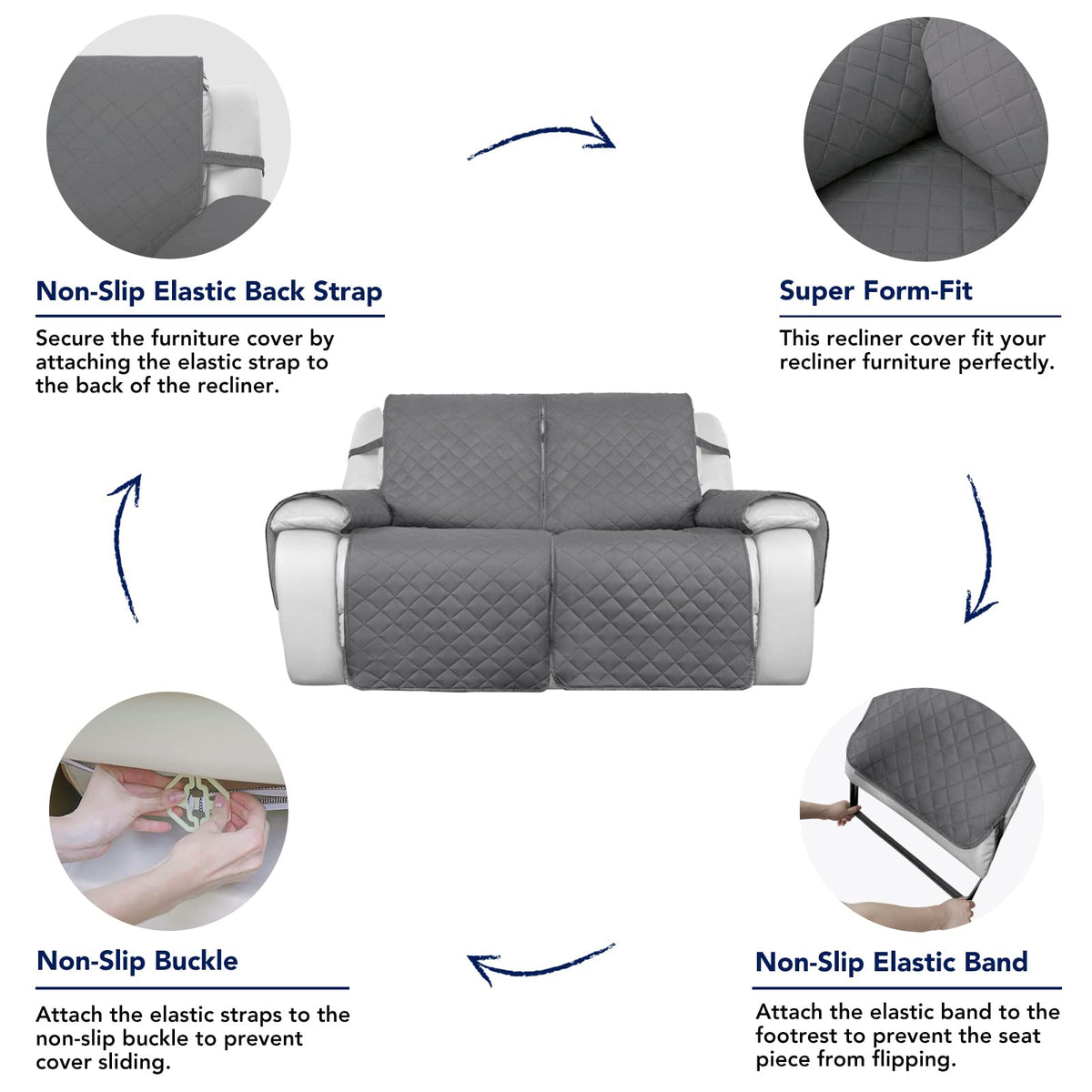 Purefit Water Resistant Reversible Sofa Cover For Reclining Sofa 2 Seat - Non Slip Split Recliner Couch Cover For Double Recline