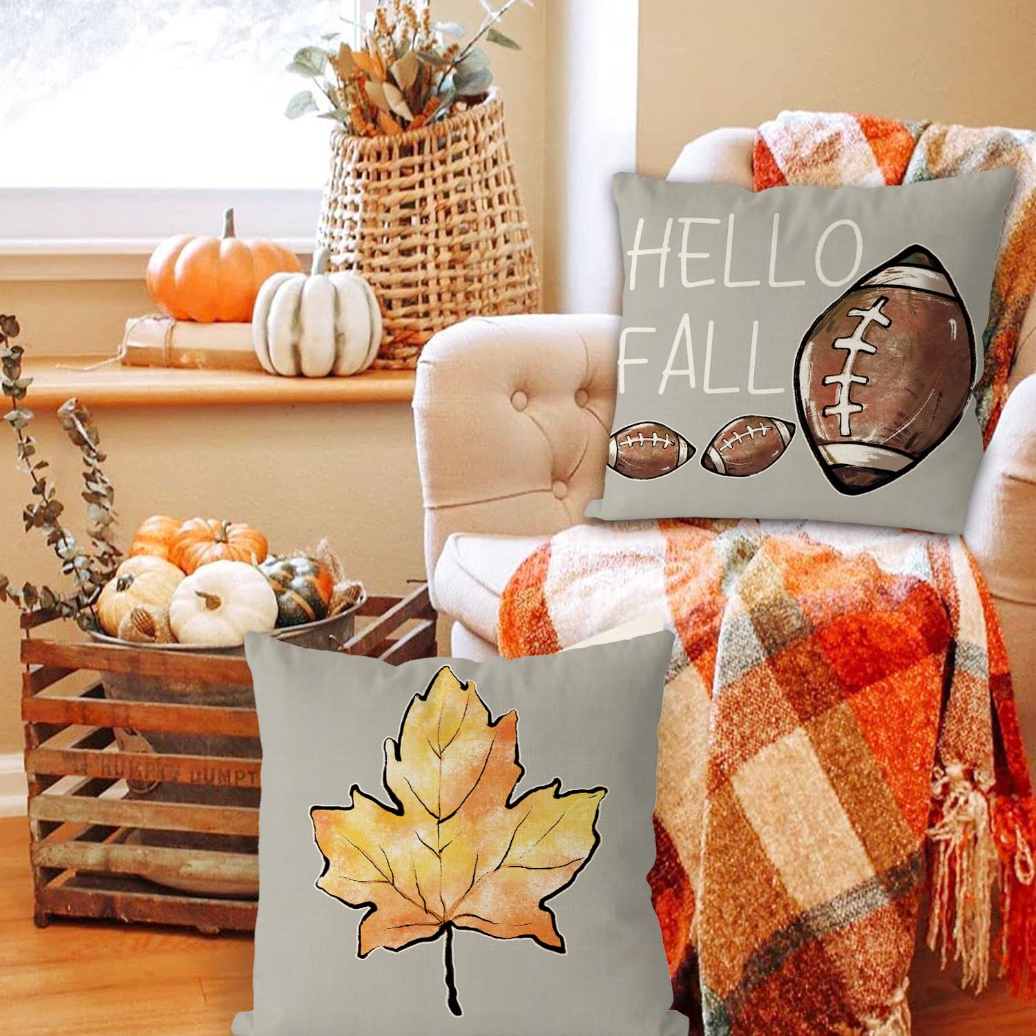 Gagec Fall Pillow Covers 18X18 Inch Set Of 4 Fall Football Pumpkin Maple Leaf Throw Pillowcase Holiday Home Decor Sofa Bedroom C