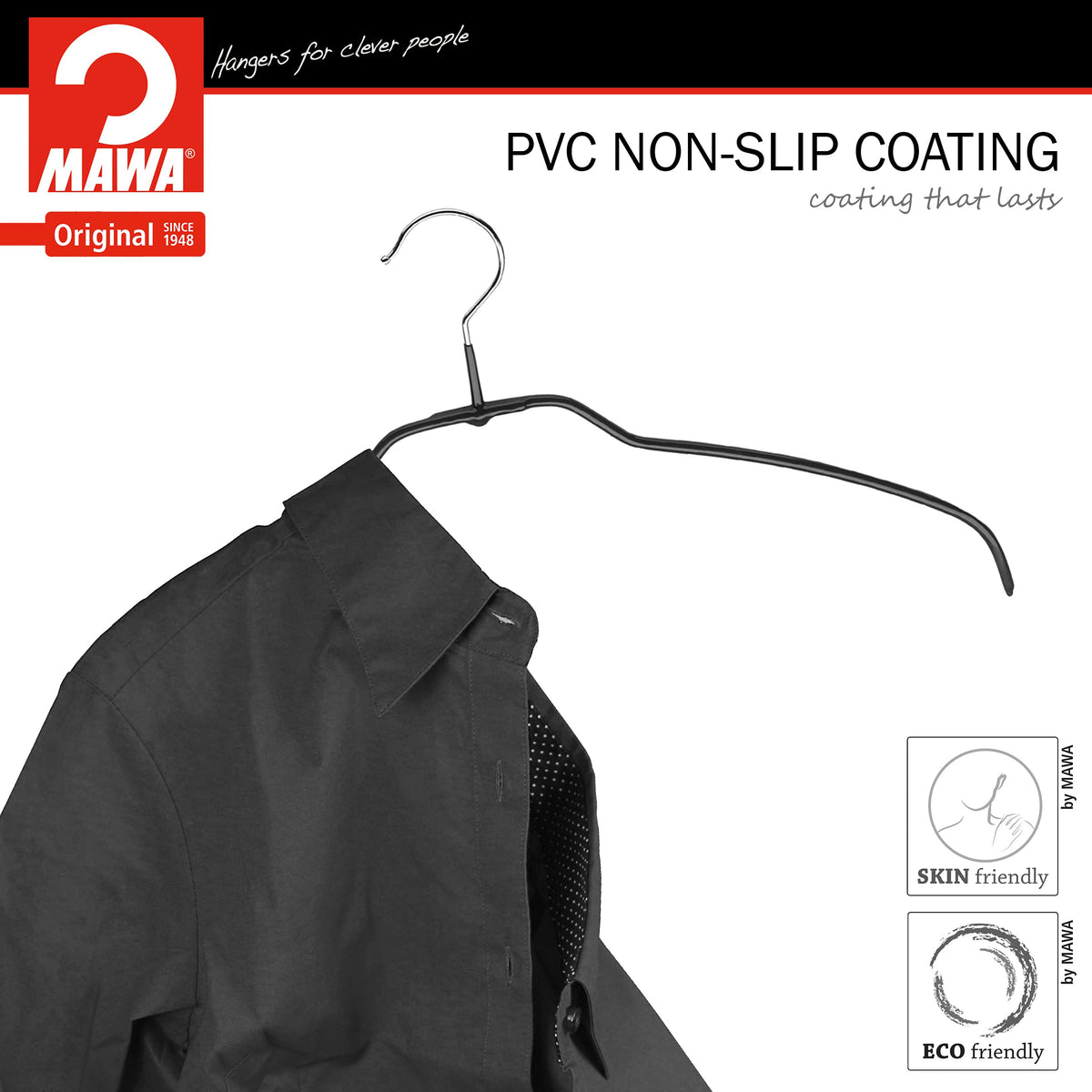 Mawa Reston Lloyd Silhouette Ultra-Thin Series, Non-Slip Space Saving Shirt Hanger, Style 42/Ft, Pack Of 20, Black, 20 Count