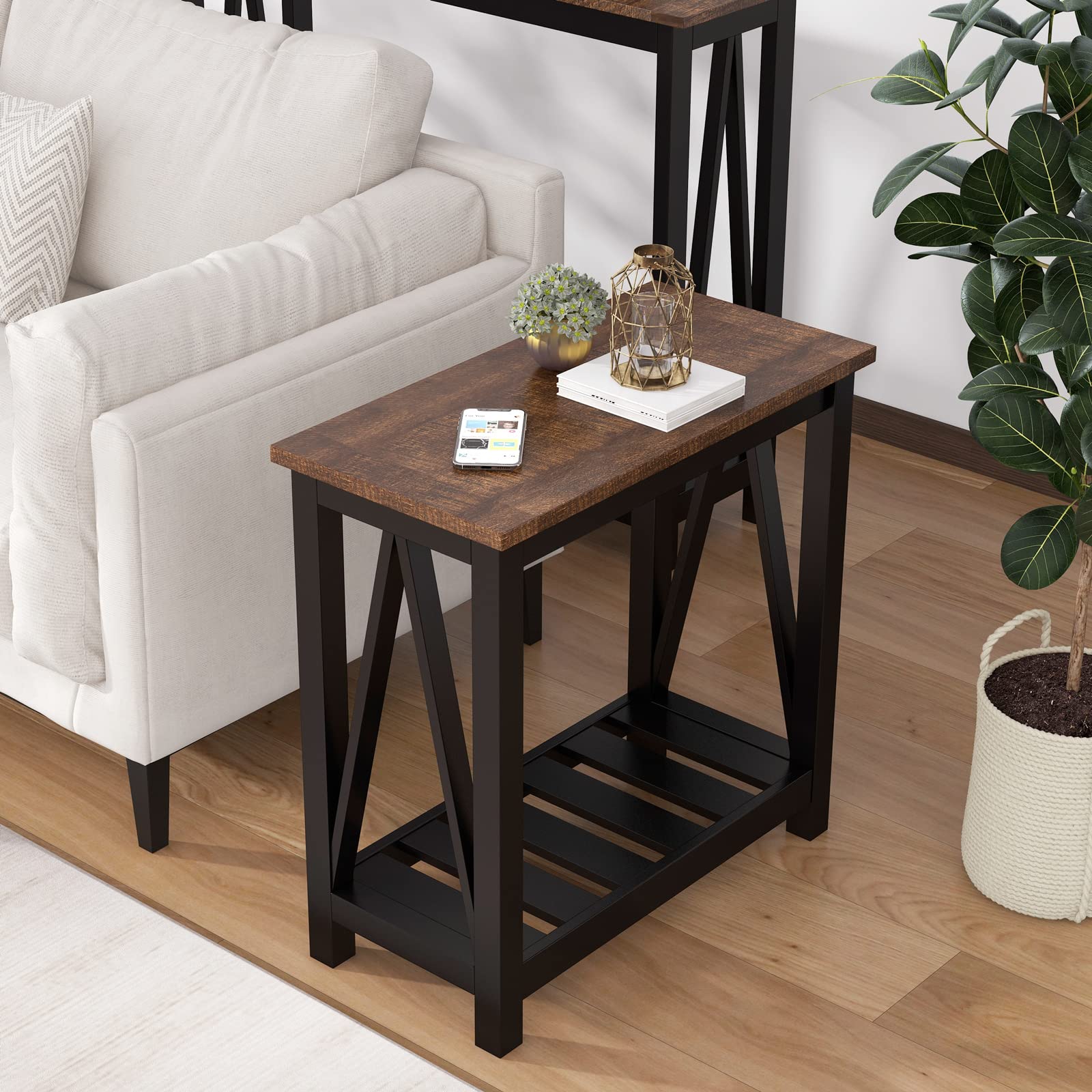 ChooChoo Farmhouse End Table, Rustic Vintage Narrow End Side Table with Storage Shelf for Small Spaces, Nightstand Sofa Table fo