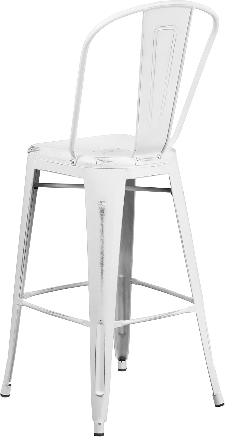Commercial Grade 30 High Distressed White Metal Indoor-Outdoor Barstool with Back