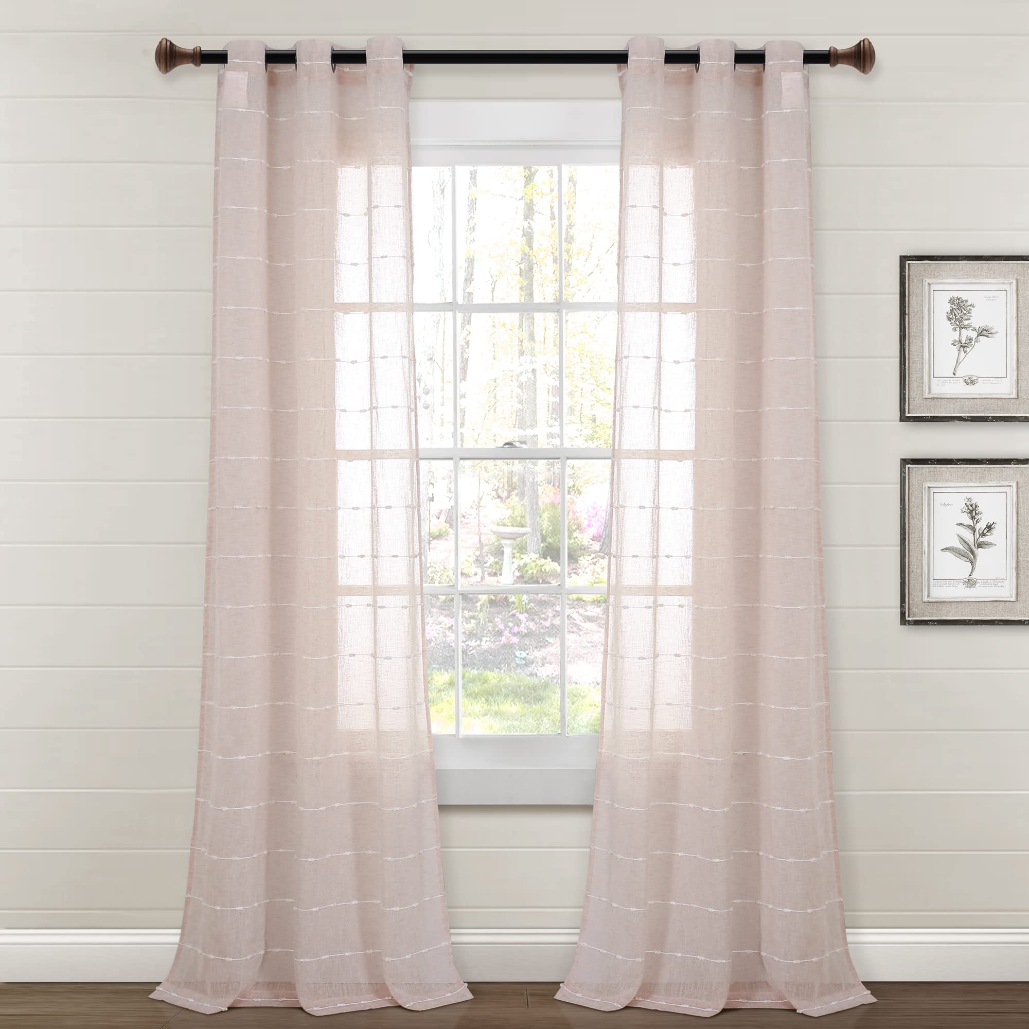 Lush Decor Farmhouse Textured Grommet Sheer Window Curtain Panel Pair, 38'W X 84'L, Blush