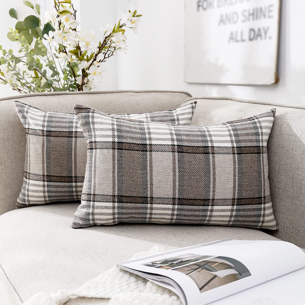 CARRIE HOME Brown Tartan Plaid Lumbar Pillow Cover 12x20 Set of 2 Farmhouse Buffalo Plaid Brown Striped Lumbar Throw Pillow Cove