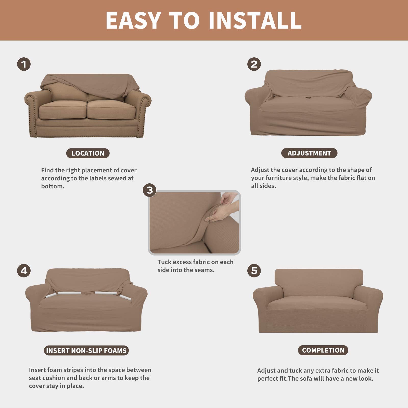 Easy-Going 100% Waterproof Couch Cover, Dual Waterproof Sofa Cover, Stretch Jacquard Sofa Slipcover, Leakproof Furniture Protector For Kids, Pets, Dog And Cat (Sofa, Camel)